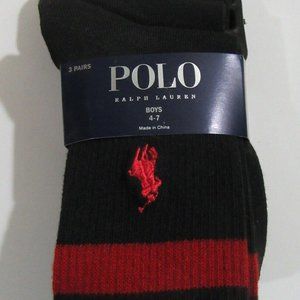 Polo Ralph Lauren Boys Crew Socks Black & Red Size 4-7, Shoe Size 10-13, 3 Pack